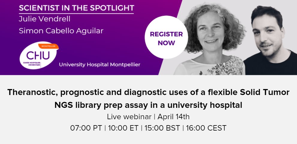 Standard_BioT's tweet photo. We are delighted to welcome Julie Vendrell and Simon Cabello Aguilar from the University Hospital of #Montpellier for our next #ScientistintheSpotlight webinar. 

Register here: https://t.co/ZqRxYf2qnn

#NGS #librarypreparation #bioinformatics #molecularbiology #cancerresearch https://t.co/hykcsmNg0O