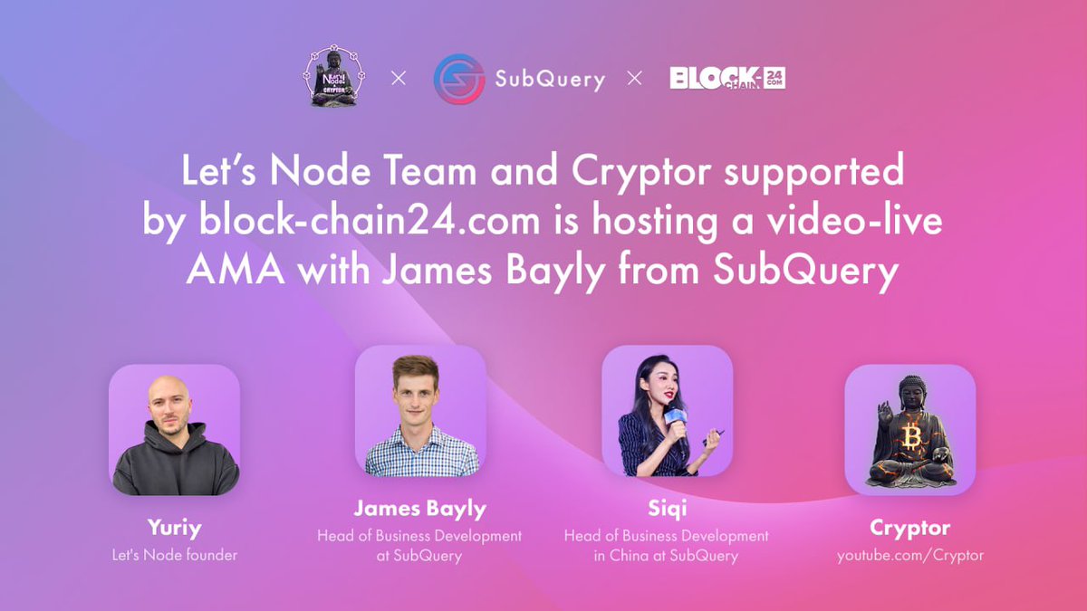 SubQueryNetwork's tweet photo. 📢 Join the next SubQuery AMA!

@Lets_node &amp; Cryptor supported by @bc24_com are hosting a live AMA session joined by Siqi &amp; @JamesABayly from SubQuery

📅 April 7 at 5pm UTC

Join Here ⬇️ https://t.co/uSgfvqWfK0 https://t.co/T80gZIL63M