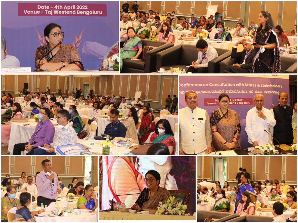 smritiirani's tweet photo. After Chandigarh, southern region zonal consultation meeting on the 3 Missions - POSHAN 2.0, Vatsalya &amp; Shakti was held in Bengaluru. I thank all the participating states/stakeholders for their interventions &amp; support to Central Government’s welfare measures for women &amp; children. https://t.co/vW4LKLWr34