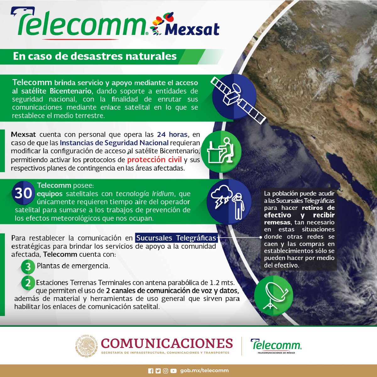FinabienMex's tweet photo. #Mexsat
¿Sabías que, en caso de desastres naturales, #TELECOMM a través del satélite #Bicentenario da soporte a entidades de seguridad nacional. https://t.co/PHfzFbV3KL