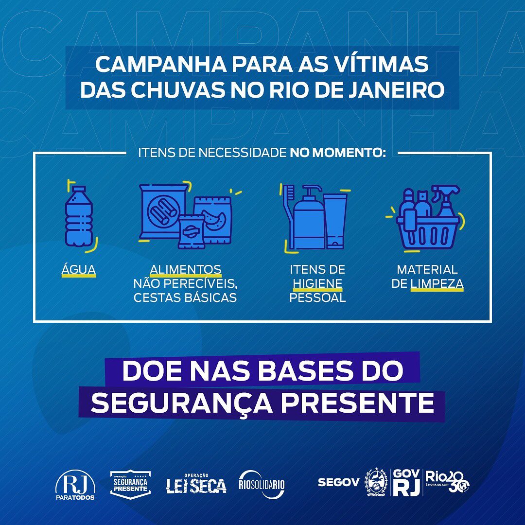 SegovRj's tweet photo. 🚨Vamos ajudar quem precisa! 

📍 As bases da Operação Segurança Presente estão arrecadando água, alimentos não perecíveis, ítens de higiene pessoal e material de limpeza, devido às fortes chuvas em várias regiões do estado.

👉 Se puder, faça a sua doação! https://t.co/3w37xxWyoH