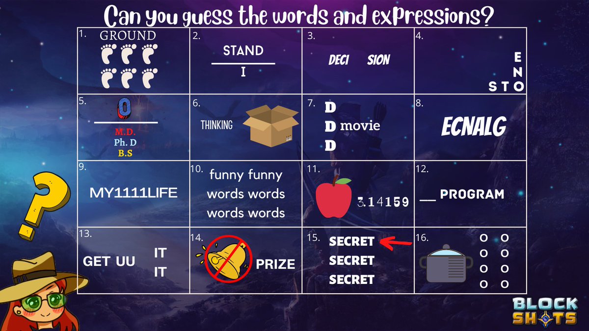 BlockShotsGame's tweet photo. Can you figure out the word or expression each puzzle describes? 🧠🤔
Three(3) lucky winners will get a Founding Member Role each.🏆 Submit your entries here: https://t.co/uhBNhNXr8p

#blockshots #gamefi #nft #Polygon #PlaytoEarn #FreetoPlay #Metaverse https://t.co/wvrRnIcTGZ
