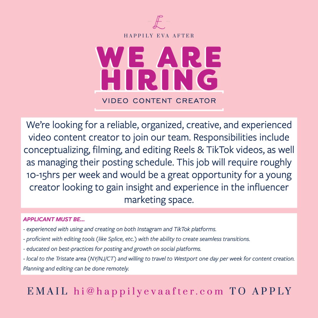 Are you an experienced video content creator in the tristate area?  Shoot us an email at hi@happilyevaafter.com if you're interested in joining our team!