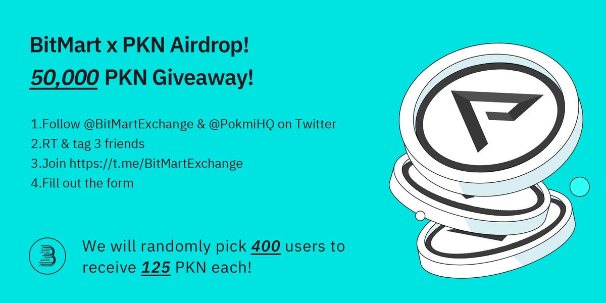 🎉To celebrate <a href="/PokmiHQ/">Pokmi</a> listing, we’re giving away 50,000 PKN !
 
1⃣ Follow <a href="/BitMartExchange/">BitMart</a> &amp; <a href="/PokmiHQ/">Pokmi</a>
2⃣ RT and tag 3 frds 
3⃣️Join t.me/BitMartExchange 
4⃣️Fill out: forms.gle/zGqyRGzGkGcmKb… 
 
✨ 400 lucky winners receive 125 PKN each !
⏰ Enter by 11:59 PM EDT Apr 8
