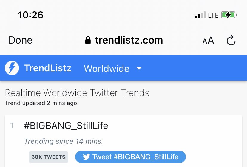 VIPsociety2006's tweet photo. YEOROBUN!!!

We are now trending No. 1 WORLDWIDE!!!

Drop and drop and drop. Use the correct tags.

STILL LIFE STILL HERE
@YG_GlobalVIP 
#BIGBANG_StillLife
#BIGBANG #빅뱅이_돌아왔습니다 https://t.co/9rnOeNvf4g