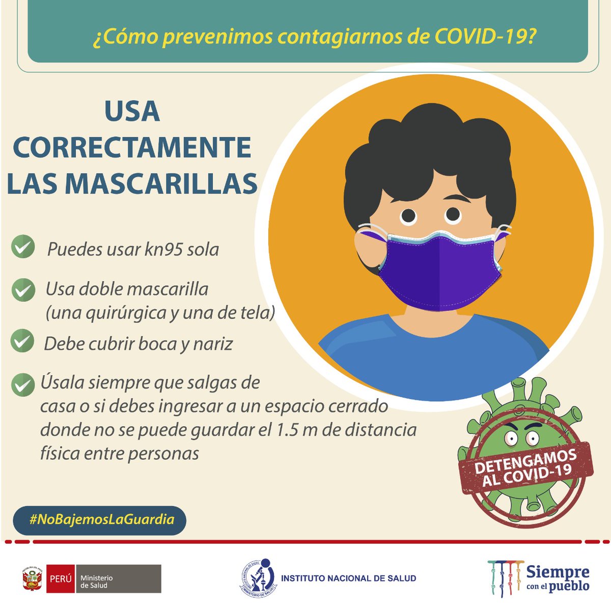 INS_Peru's tweet photo. 🚨 #PrevenciónCovid19
🔊¡Usa correctamente las mascarillas!

🙌Recuerda que con la prevención adecuada podremos salvar muchas vidas😊
#NoBajemosLaGuardia
#DetengamosAlCovid19 https://t.co/847vxdTjK3