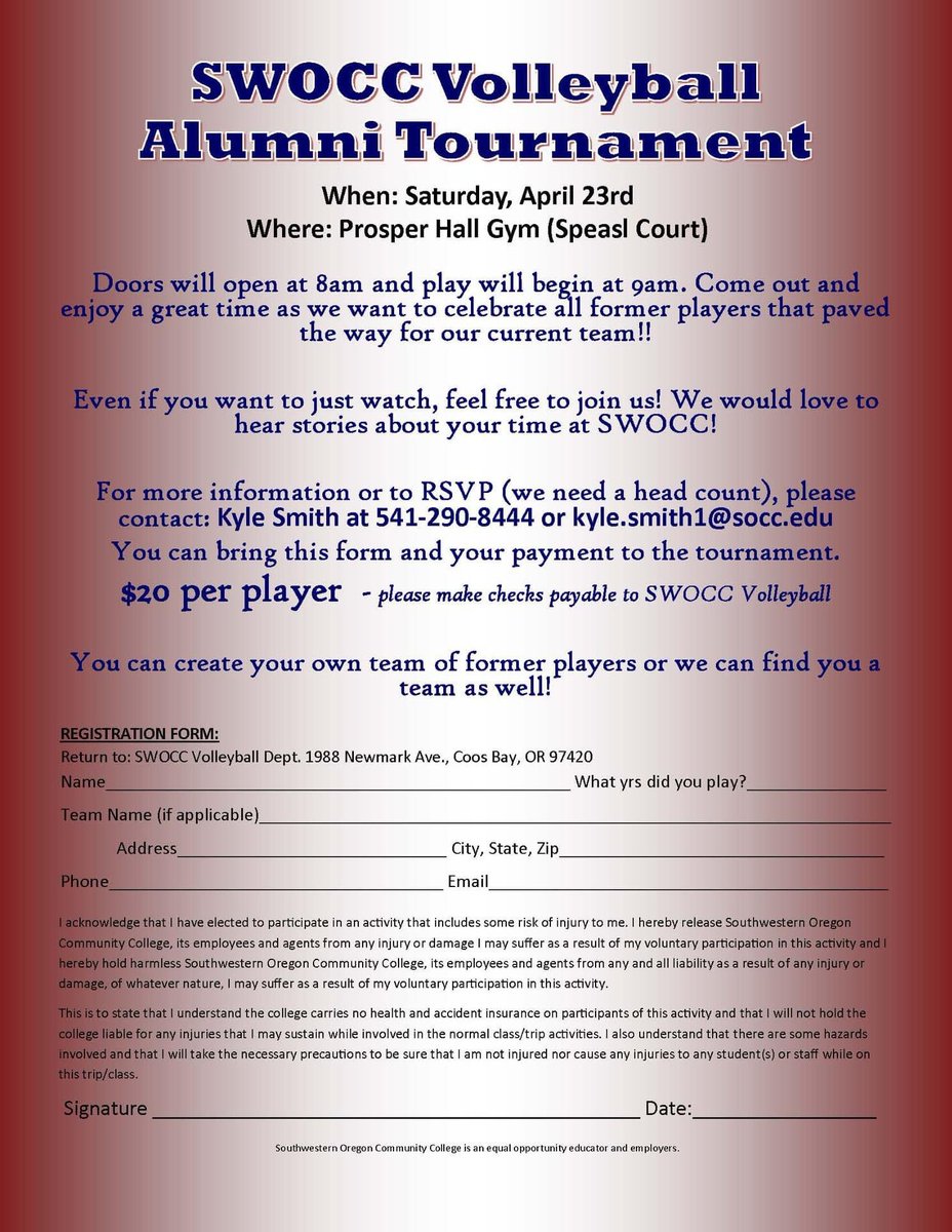 CcOregon's tweet photo. Calling SWOCC volleyball Alumni! Come show off your skills 🏐 https://t.co/VlSjWXtsRB