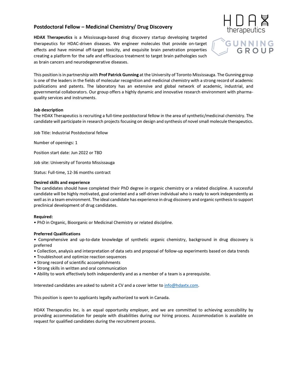 GunningLabUofT's tweet photo. The Gunning Group is hiring two fully-funded @MitacsCanada #postdoc positions in #medicinalchemistry and cell &amp; animal biology with @HDAXtx to develop brain-penetrant #HDAC6 inhibitors for brain cancers and neurodegenerative diseases. Please RT!
@UTM @UTM_CPS 
#chempostdoc https://t.co/xZjRZ3qlAR