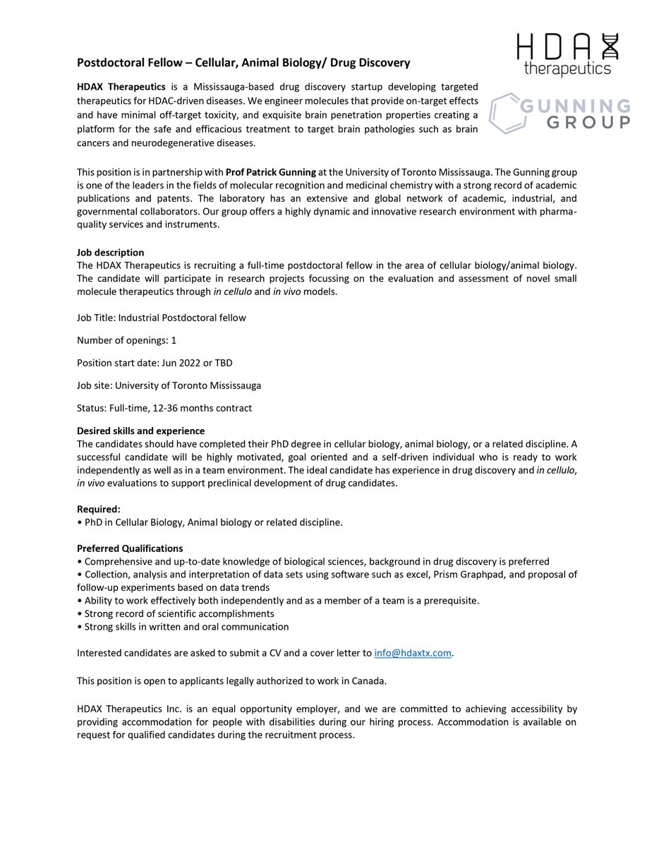 GunningLabUofT's tweet photo. The Gunning Group is hiring two fully-funded @MitacsCanada #postdoc positions in #medicinalchemistry and cell &amp; animal biology with @HDAXtx to develop brain-penetrant #HDAC6 inhibitors for brain cancers and neurodegenerative diseases. Please RT!
@UTM @UTM_CPS 
#chempostdoc https://t.co/xZjRZ3qlAR