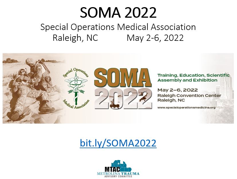 MetrolinaTrauma's tweet photo. Interested in tactical medicine &amp; trauma care in austere environments? If you want to learn from the best at #SOMA22 in Ralegh 5/2-6, find out more at https://t.co/EkOeURAdRx.

#TraumaEducation #MetrolinaTrauma #TacticalMedicine #SOFmed #SOMA #SOMSA22 #FarForward #Prehospital https://t.co/qUTv8PLDYs