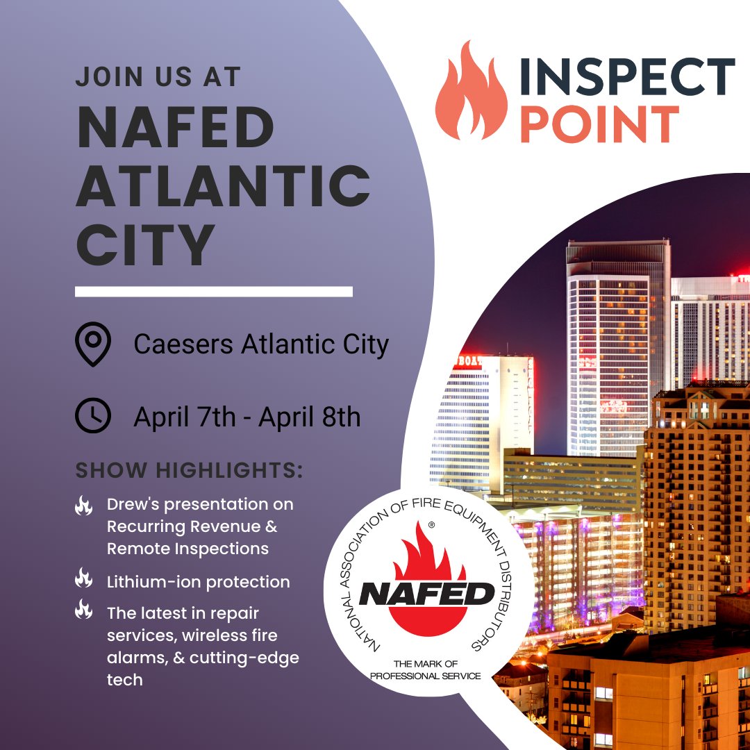 InspectPoint's tweet photo. Choo-choo! The NAFED train is rolling! Join us this Thursday and Friday at Caeser's Atlantic City to learn more about our industry! Drew is presenting on Remote Inspections & Recurring Revenue. Conference starts at 8:30AM EST. See you there! #inspectpoint #lifesafety https://t.co/ct3am68qji