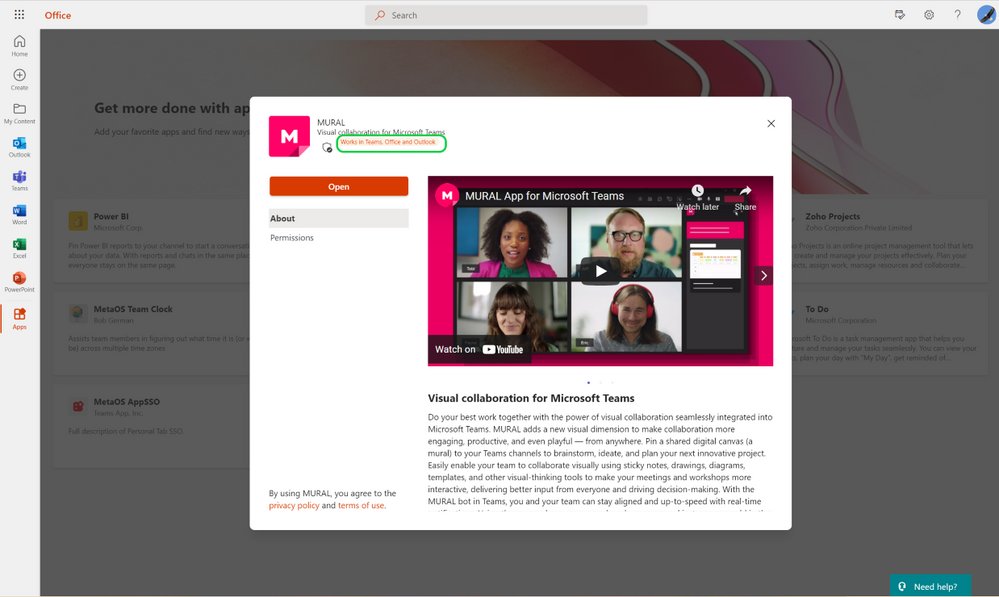 Mural's tweet photo. Designed for @Microsoft365, the MURAL App for @MicrosoftTeams is one of the first apps available in Preview for Outlook &amp; https://t.co/MIsbUJxTYB 💫 

If you're enrolled in the Targeted Release program, we'd love to hear what you think 👉 https://t.co/DmCYBSCvpL https://t.co/DyeZtCDE6K