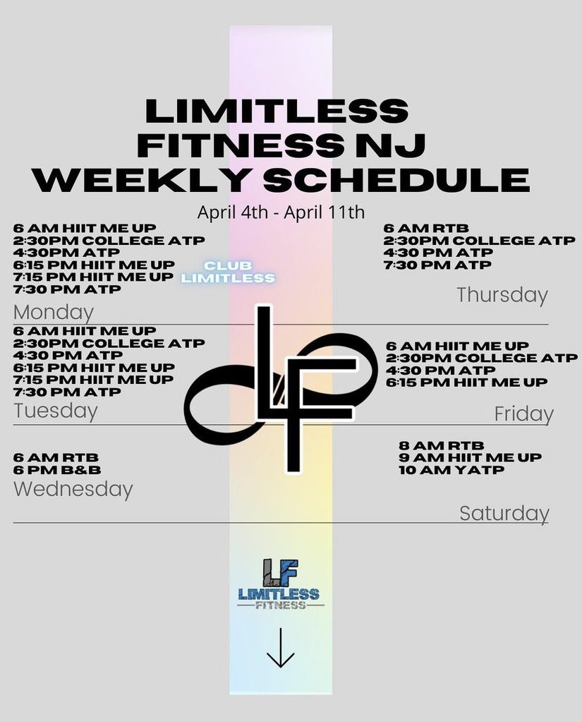 LimitlessFitNJ's tweet photo. Schedule for the week🥇 #BeLimitless #LimitlessFitnessNJ #FitnessNJ https://t.co/tn20O0qXAs