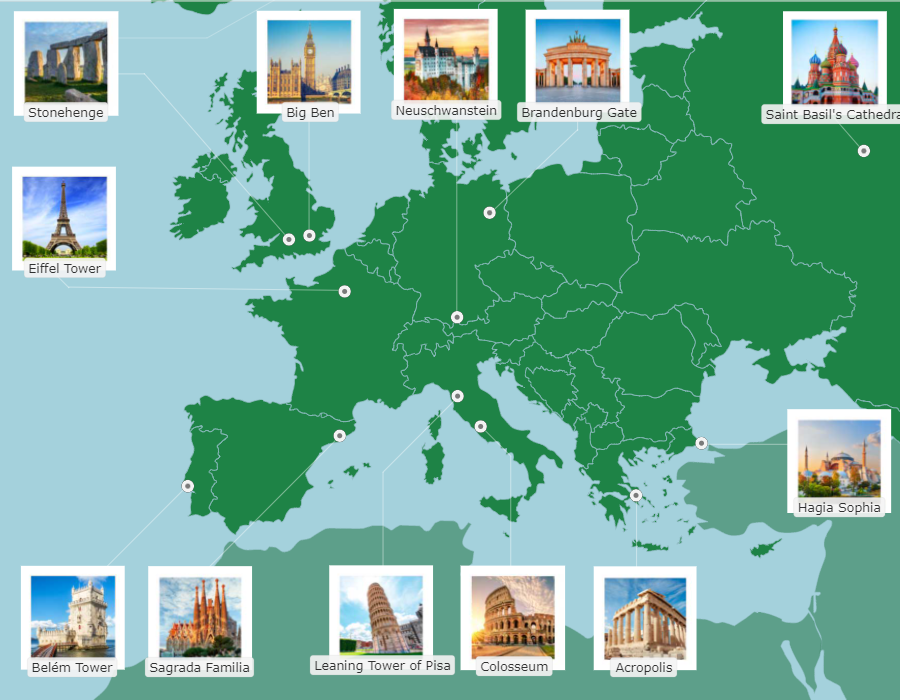 Learn to locate 12 famous landmarks in Europe in our map quiz: online.seterra.com/en/vgp/3916

Acropolis, Belém Tower, Big Ben, Brandenburg Gate, Colosseum, Eiffel Tower, Hagia Sophia, Leaning Tower of Pisa, Neuschwanstein, Sagrada Família, Saint Basil's Cathedral, and Stonehenge.