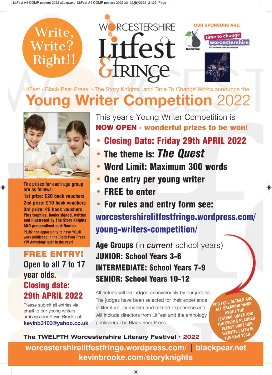 LitWorcs's tweet photo. Kevin Brooke @stories4childre is the @LitWorcs Young Writer Ambassador. A huge fan of young people's writing, he &amp; @SeraphimBryant sponsor the YW comp as #thestoryknights. The comp closes 29 April. Selected entries are published @BlackPearPress good luck🏆🏆#WorcestershireHour https://t.co/tambDb6NQw