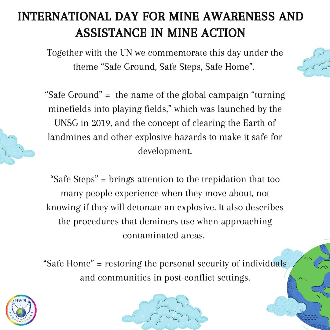 hwpl_sa's tweet photo. Today aims to raise awareness about landmines and the progress toward their eradication.
It takes decades to remove unexploded landmines.
We call on all countries to sign the #DPCW as a means to leave #SafeGrounds and a better legacy.
#MineAwarenessDay https://t.co/9JTgg0OUt0