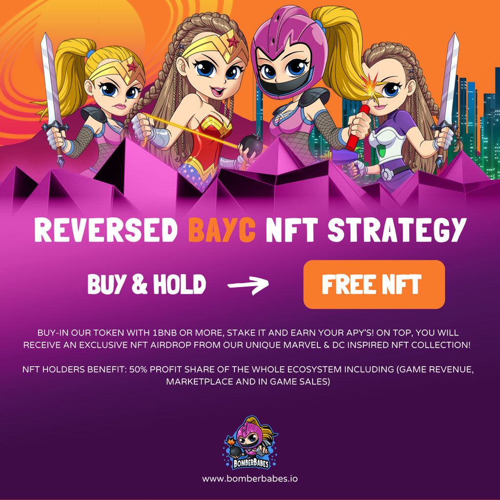 BUY &amp; HOLD = FREE NFT ‼️💣💥

We‘ve implemented the unique REVERSED BAYC NFT STRATEGY! 

You just need to buy our token with 1 BNB or more, stake it and apart from earning your APY‘s, you will receive an exclusive NFT airdrop for free! 🎁😱

#bomberbabes #nft #NFTdrop #nftart