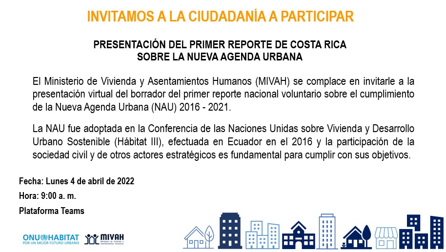 Invitamos a la ciudadanía a la presentación virtual del borrador del primer reporte nacional voluntario sobre el cumplimiento de la Nueva Agenda Urbana (NAU) 2016 - 2021. Hoy 4 de abril, 9 a.m. Les compartimos el enlace de la actividad:  teams.microsoft.com/l/meetup-join/…