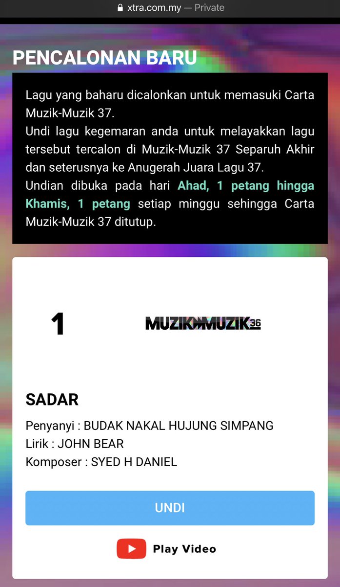 Lagu sadar juga telah dicalonkan sebagai pencalonan baru Muzik-Muzik 37 minggu lalu 

Jangan lupa undi ‘sadar’ dengan klik link di bawah

Kami dahului dengan ribuan terima kasih! 

💚💛❤️

xtra.com.my/muzikmuzik/