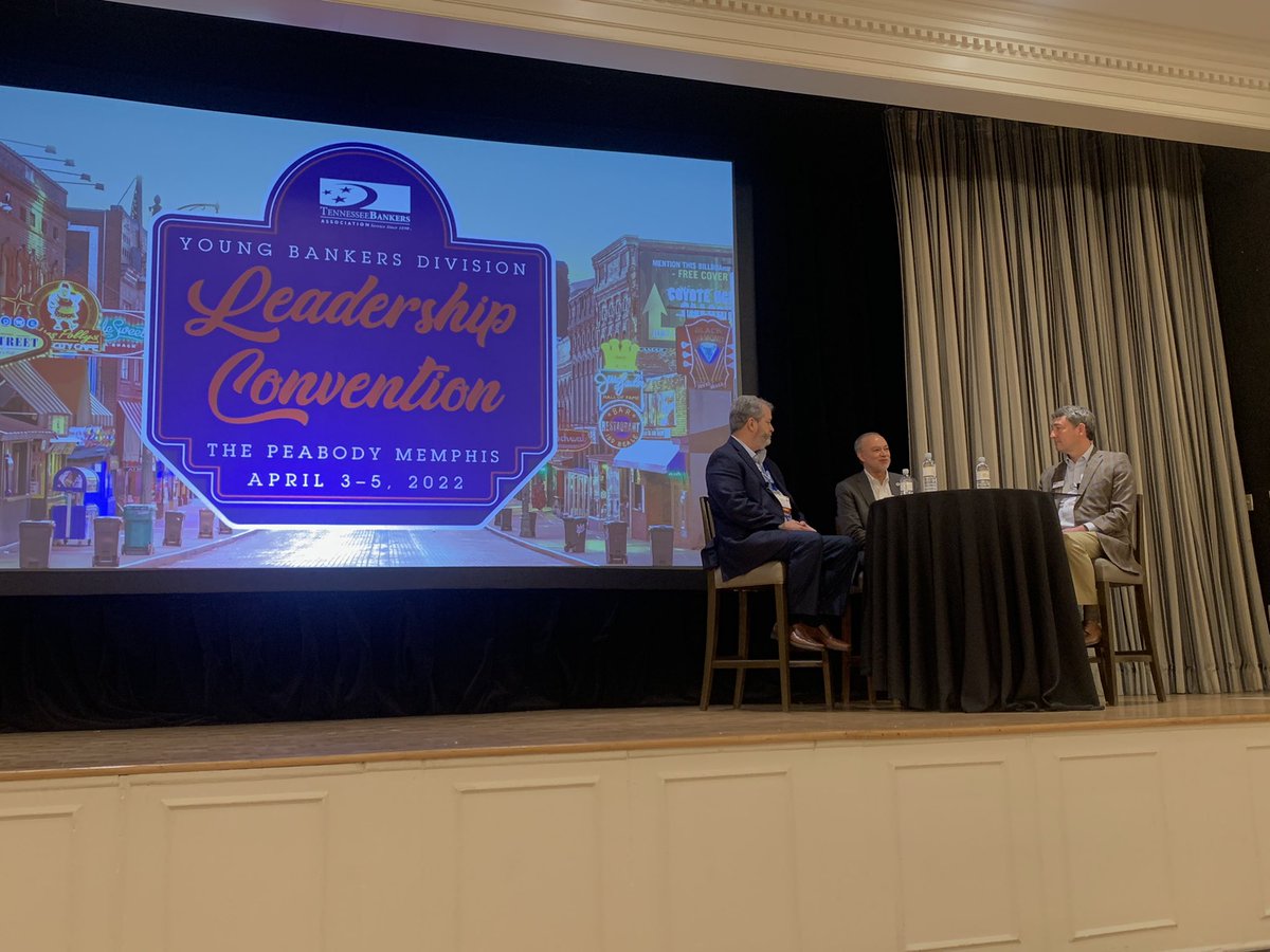Fireside Chat with <a href="/colinbarrett/">Colin Barrett</a> <a href="/ComGregGonzales/">Greg Gonzales</a> and TBA Chairman <a href="/AllenMcClary1/">Allen McClary</a> at <a href="/TNBankers/">Tennessee Bankers Association</a> Young Bankers Convention at The Peabody in Memphis. #TBALeadership