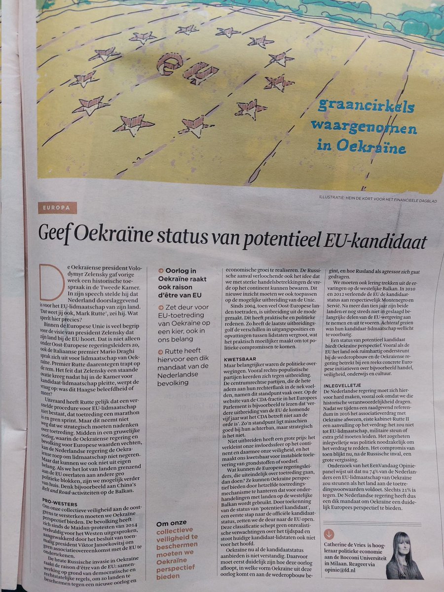 Today in Dutch newspaper @FD_Nieuws:

Professor of Political Science @CatherineDVries (@Unibocconi) argues that #Ukraine should be given a status of potential EU candidate country.
74% of Dutch citizens would support #EUmembership if Ukraine fulfilled the criteria, 21% would not.