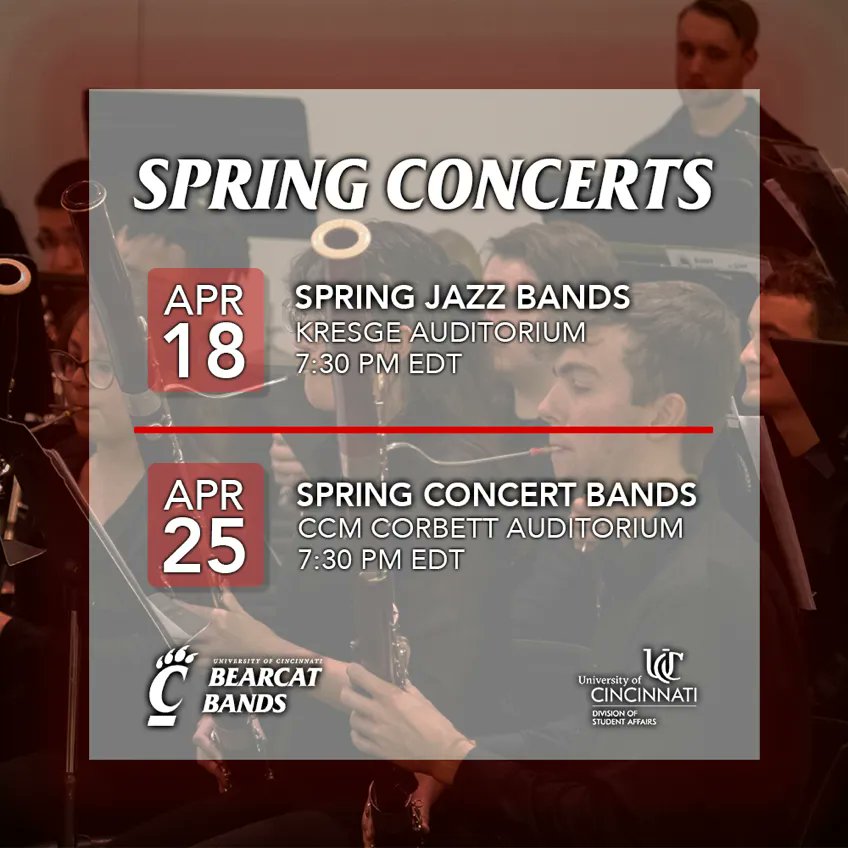 TUCBIDG's tweet photo. Happy Monday, Bearcats! Come check out our final two concerts of the spring semester! The spring jazz bands will be performing on April 18th at 7:30pm in Kresge Auditorium, and the spring concert bands will be performing on April 25th at 7:30 pm in CCM Corbett Auditorium! https://t.co/58iYuzwb03