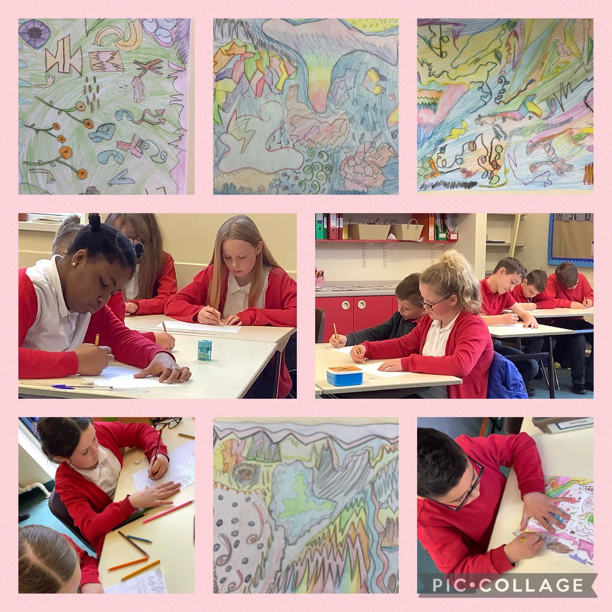 Harlech5class's tweet photo. Mindful art to music. Dosbarth Harlech used their ears and imaginations, listening to the sounds and where the sounds took their pencils to create artwork to brighten up our local care home #mindfulmonday  @LlanmartinPrim https://t.co/STsAHbCvEc