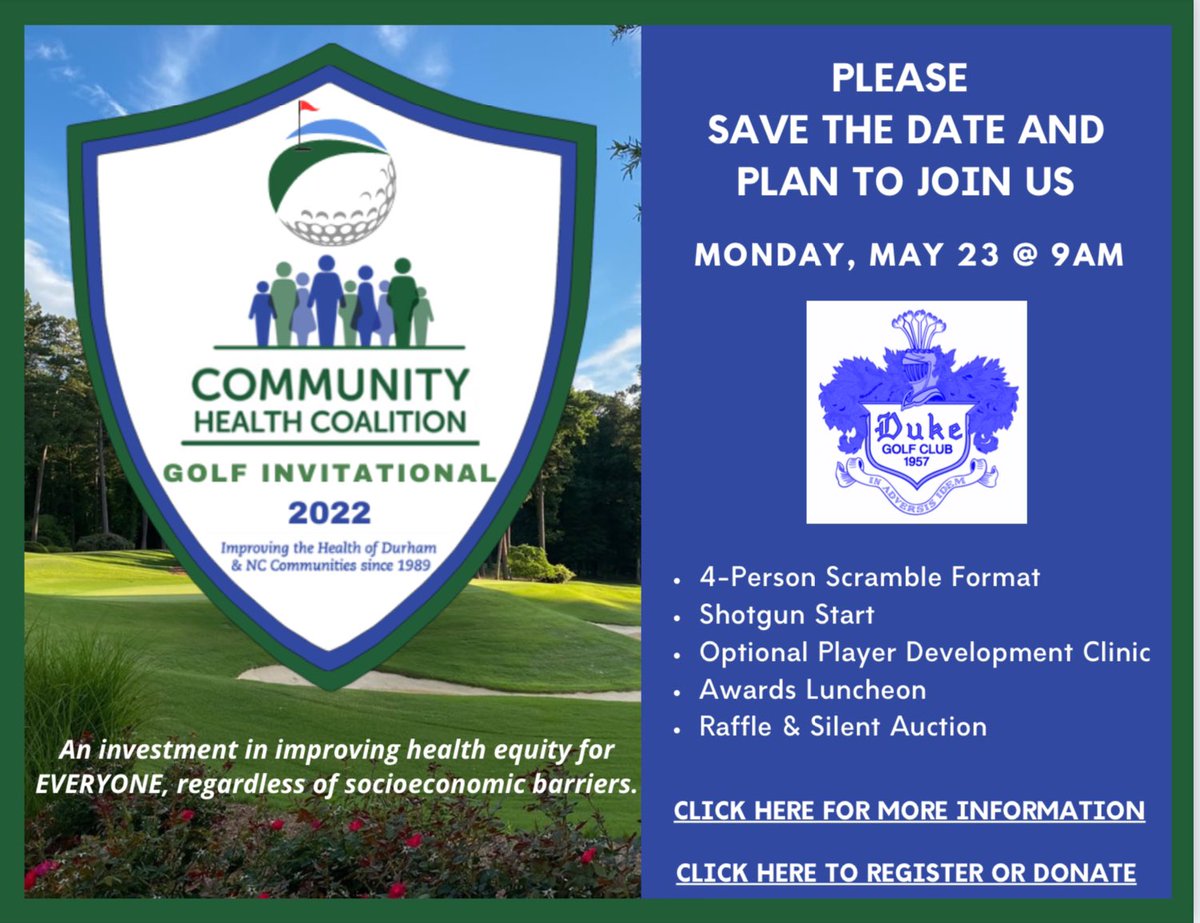 chealthc's tweet photo. Please join Community Health Coalition at our first inaugural Golf Invitational Monday, May 23, 2022, in support of health equity for all! (Please use links below to view document)

More Information: https://t.co/lcIUH3FRqL

Registration/ Donation: https://t.co/j8o3UtZulG https://t.co/9yq9U3JftE
