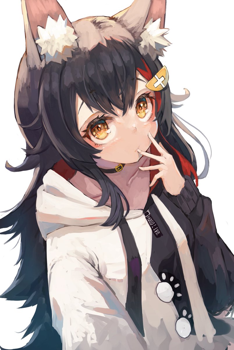 ookami mio 1girl animal ears solo black hair wolf ears long hair hood  illustration images