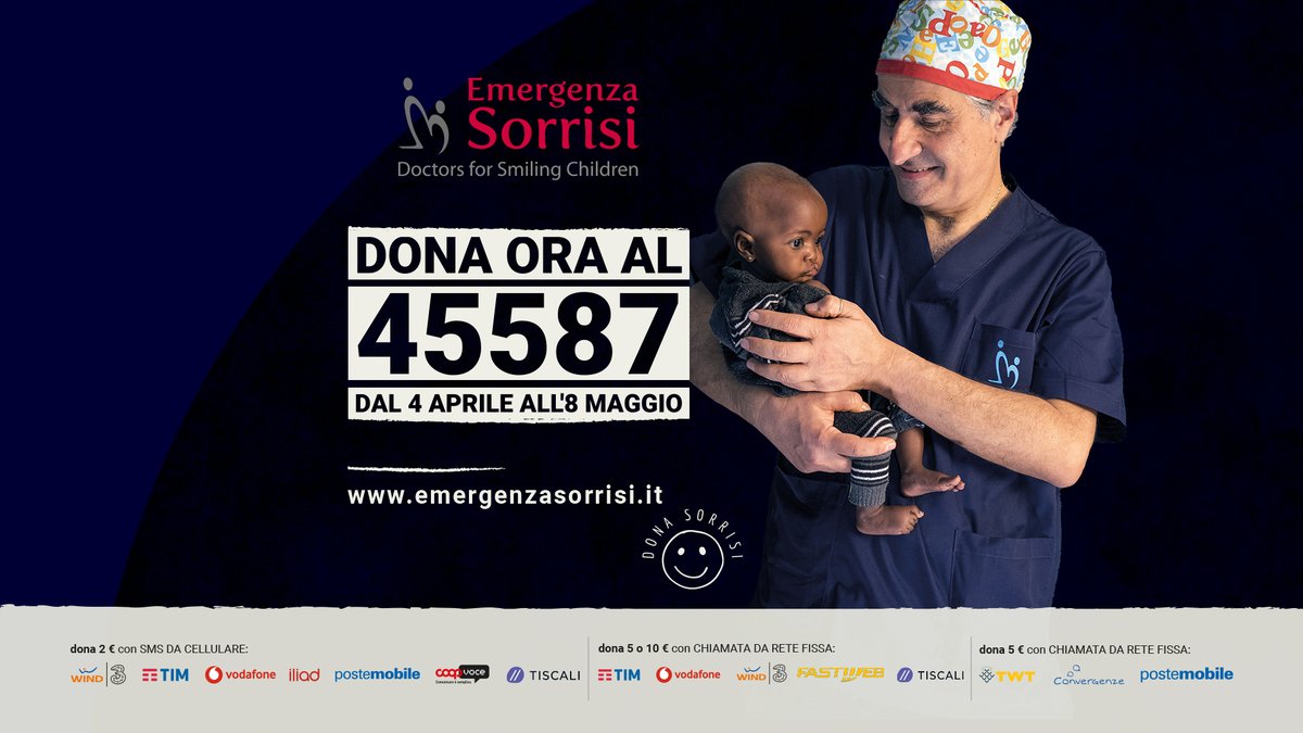 Dal 4 all’8 maggio sostieni la campagna #UnaVoltaPerTutte per aiutare i nostri medici e infermieri a donare speranza a moltissimi bambini il cui futuro è compromesso da gravi malformazioni del volto. Invia un SMS al 45587 o chiama da rete fissa al 45587 per donare 5 o 10 euro.