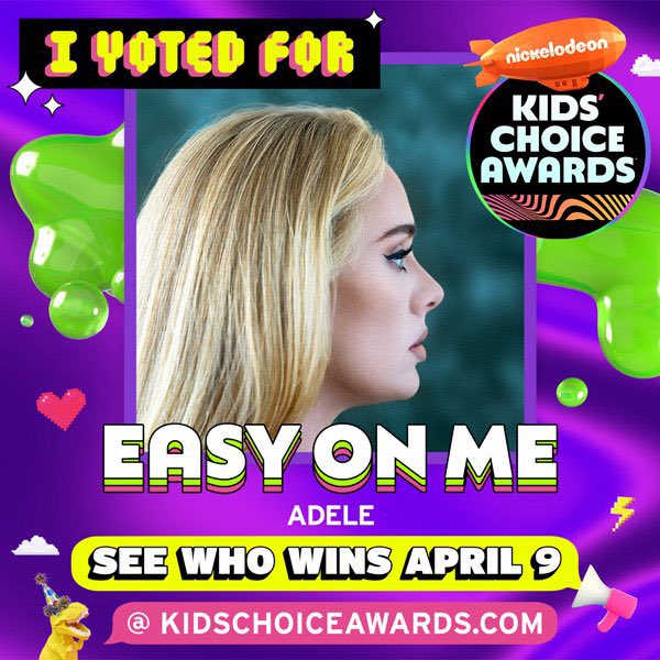 AdeleNowuk's tweet photo. ✨Reminder to vote for @Adele at the Kids Choice Awards ✨
— RT & Reply in the comments with: #KCA #Vote30 #VoteEasyOnMe #VoteAdele https://t.co/IrGNaK5ZAU