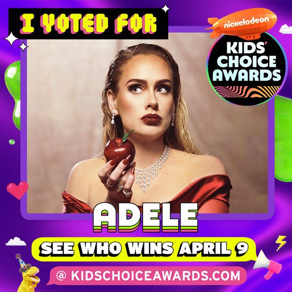 AdeleNowuk's tweet photo. ✨Reminder to vote for @Adele at the Kids Choice Awards ✨
— RT & Reply in the comments with: #KCA #Vote30 #VoteEasyOnMe #VoteAdele https://t.co/IrGNaK5ZAU