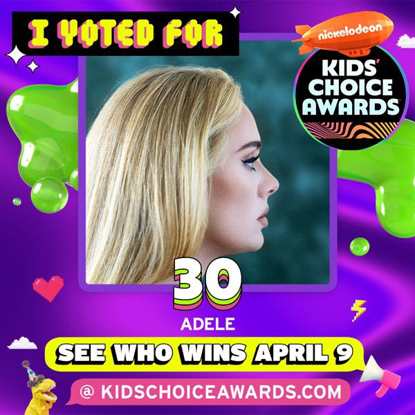 AdeleNowuk's tweet photo. ✨Reminder to vote for @Adele at the Kids Choice Awards ✨
— RT & Reply in the comments with: #KCA #Vote30 #VoteEasyOnMe #VoteAdele https://t.co/IrGNaK5ZAU