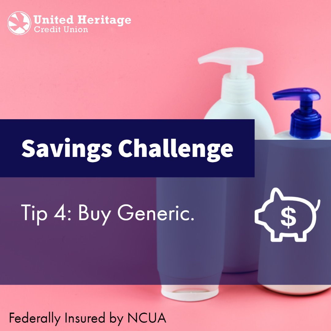 UHCU's tweet photo. Tip #4: Buy Generic. When you go to the grocery store shop generic brands. You will be surprised how much you can save by not buying name-brands. #SavingsChallenge #BuyGeneric https://t.co/likr5Y5fcd