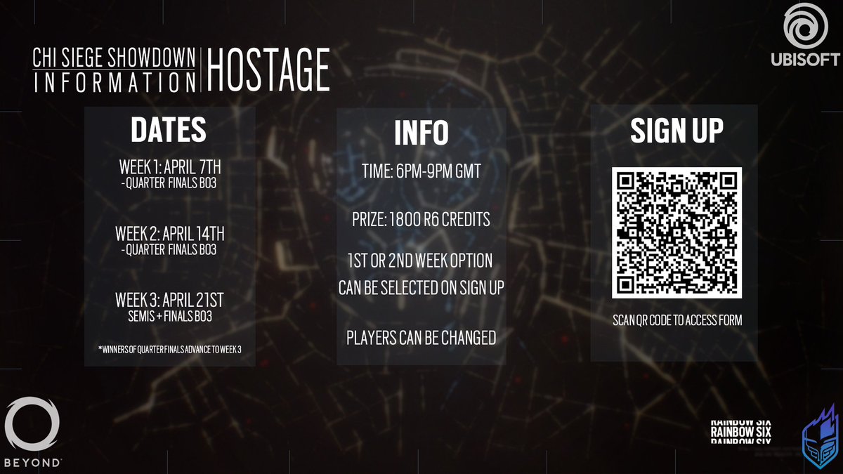 ChiSiege's tweet photo. The second stage of the Chi Siege Showdown begins this Thursday

Be sure to sign up using the qr code below or at our website https://t.co/N4t4VJY9Ew

#RainbowSixSiege #ChiSiegeShowdown https://t.co/4khoQZDR6m