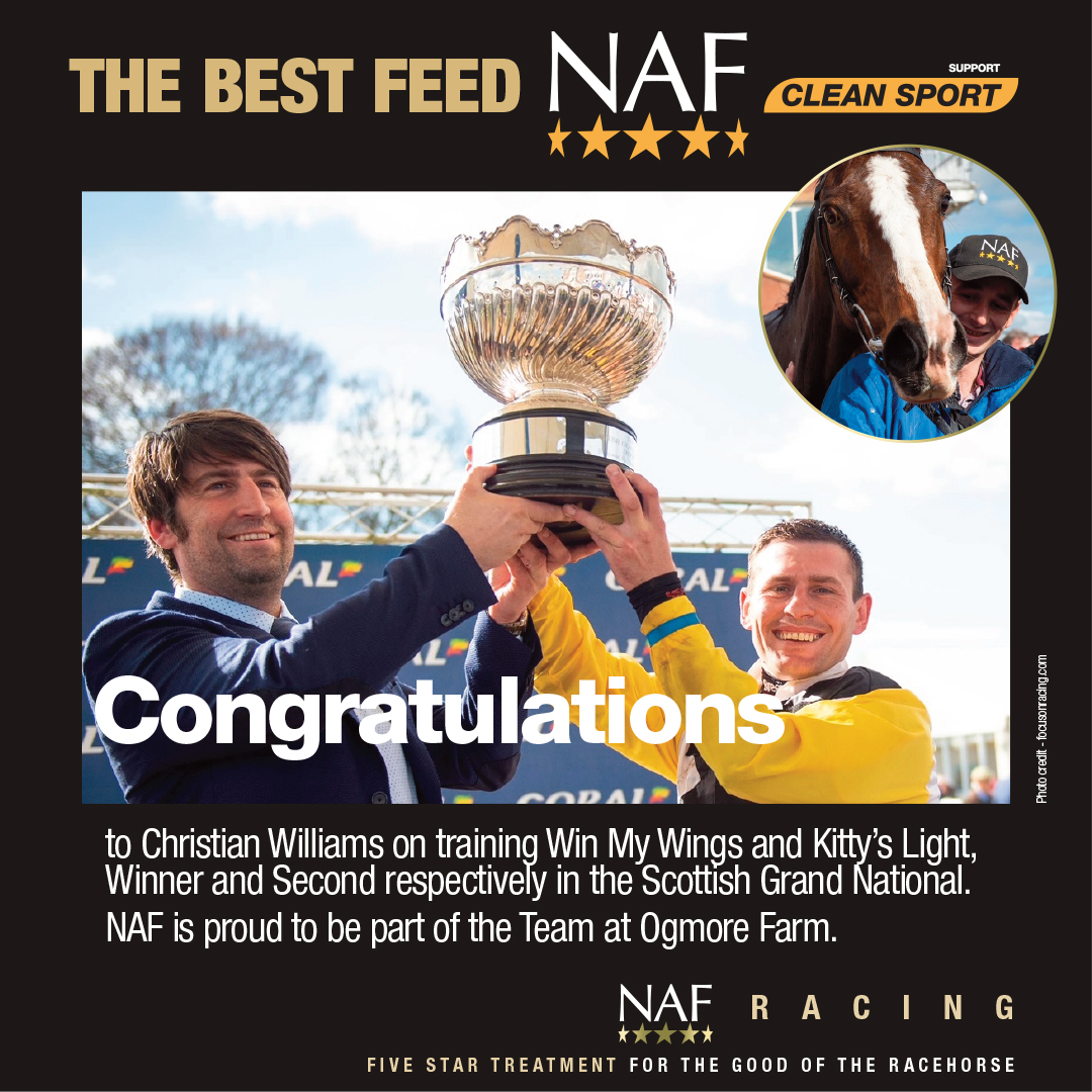 We're still celebrating @CWilliamsRacing's 1-2 in the Scottish Grand National!! With Win My Wings and Kitty's Light, #TeamNAF's Christian dominated the race and we are proud to be a part of his team. Huge congratulations go to all of the connections of these two horses.#NAFRacing