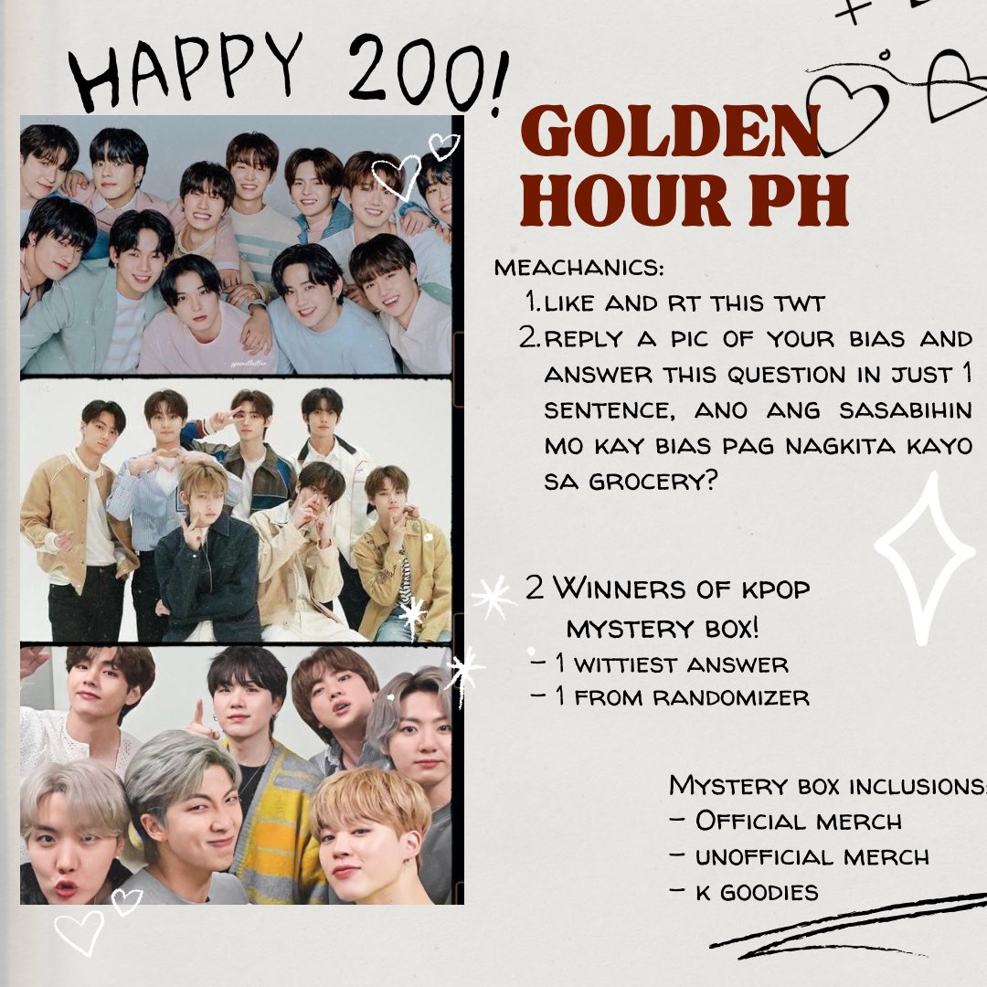 phgoldenhour's tweet photo. ✨ SALAMAT SA INYO ✨
#GoldenHourPHGA

2 WINNERS OF KPOP MYSTERY BOX
- wittiest answer 
- random

mechanics:
- like and rt this twt (follow is optional)
- reply a pic of ur bias
- answer this in 1 sentence, ano ang sasabihin mo kay bias pag nagkita kayo sa grocery?

ENDS APRIL 10 https://t.co/OGcuwaVrZc