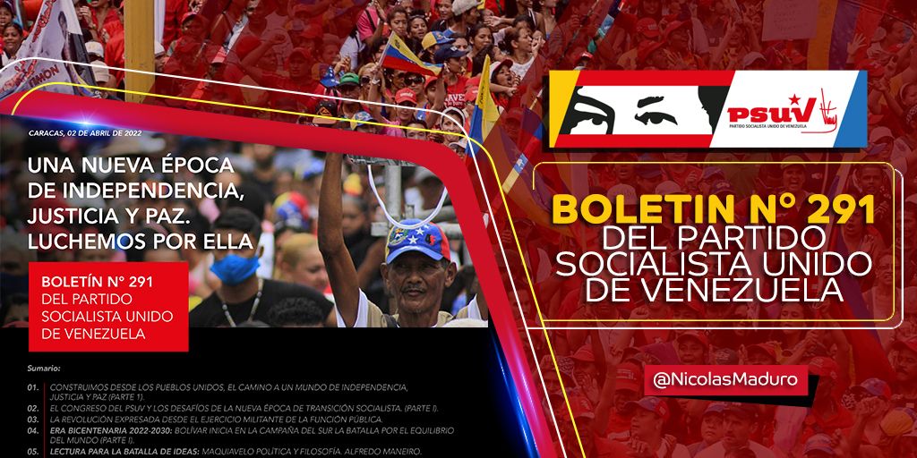 NicolasMaduro's tweet photo. Avanzar en una nueva época de transición al Socialismo, en el marco de las 3R.NETS, por el camino de un mundo independiente, justo y pacífico, es uno de los temas relevantes para analizar en la edición N° 291 del Boletín informativo del @PartidoPSUV. ==> https://t.co/hemJSZNskq https://t.co/lD11xvy9Qt