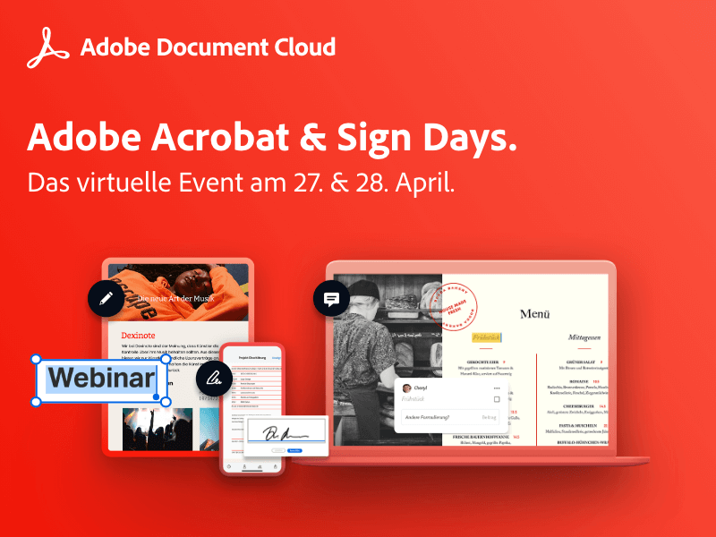 AdobeDACH's tweet photo. Nimm an der 6. Runde der Adobe Acrobat und Sign Days teil und lerne beschleunigte Vertriebsworkflows, die Druckvorstufe mit Acrobat DC und weitere spannende Insights in das digitale Dokumentenmanagement kennen: https://t.co/rc98YpWUfE https://t.co/KvFeGhGtW3