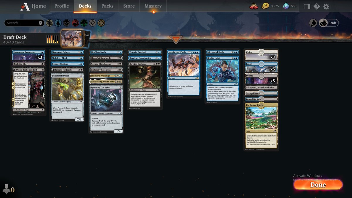 Shadoka5's tweet photo. First draft of the set after a long break, 7 wins with a sweet esper vehicle/artifacts list, quite a few interesting crew interactions going on https://t.co/ng3cYVbR2Y
