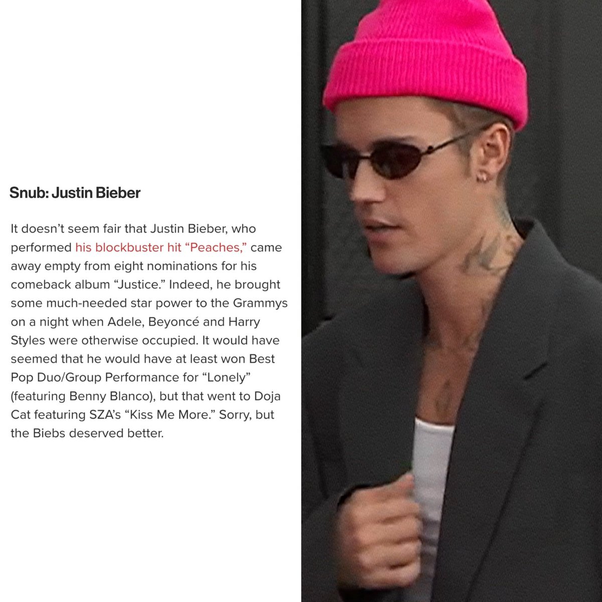 jbtraacker's tweet photo. "It doesn’t seem fair that Justin Bieber, who performed his blockbuster hit “Peaches,” came away empty from eight nominations[..]Indeed, he brought some much-needed star power to the Grammys[..] Sorry, but the Biebs deserved better." — New York Post about the #GRAMMYs https://t.co/ILFxK8Ok26