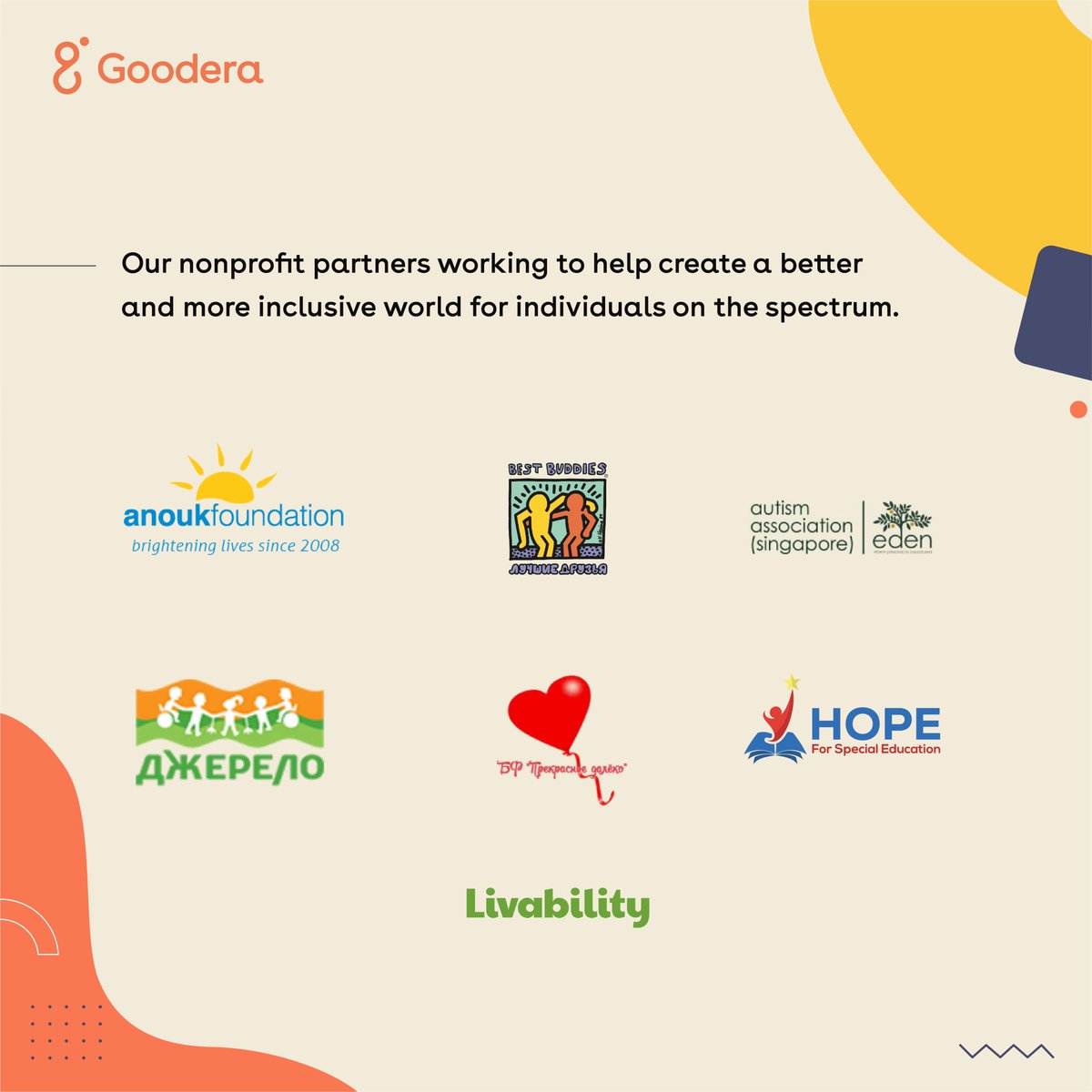 wearegoodera's tweet image. Autism Association(Singapore), @AnoukFoundation , Best Buddies Russia , Prekrasnoe Daleko (Russia), Dzherelo Children&apos;s Rehabilitation Livability, Hope For Special Education
