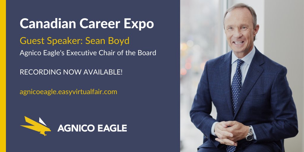 agnicoeagle's tweet photo. With over 800 attendees, #AgnicoEagle’s Canadian Career Expo was a huge success! A highlight was guest speaker, Sean Boyd. Watch the recording of his talk to learn about the history of our company culture and hear his best advice for young professionals. https://t.co/0gis4vn3Oq https://t.co/3n4rjOHNnV