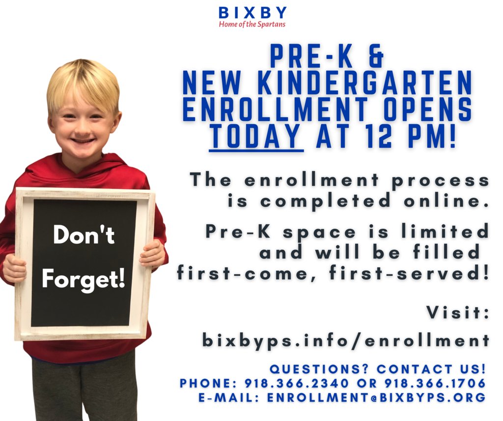 Future Spartans, today is the day for incoming Pre-K and new to Bixby Kindergarten students! Enrollment opens at noon! See here for details: bixbyps.org/article/667515

Our wonderful BPS Enrollment Center staff are here to help if you need us!