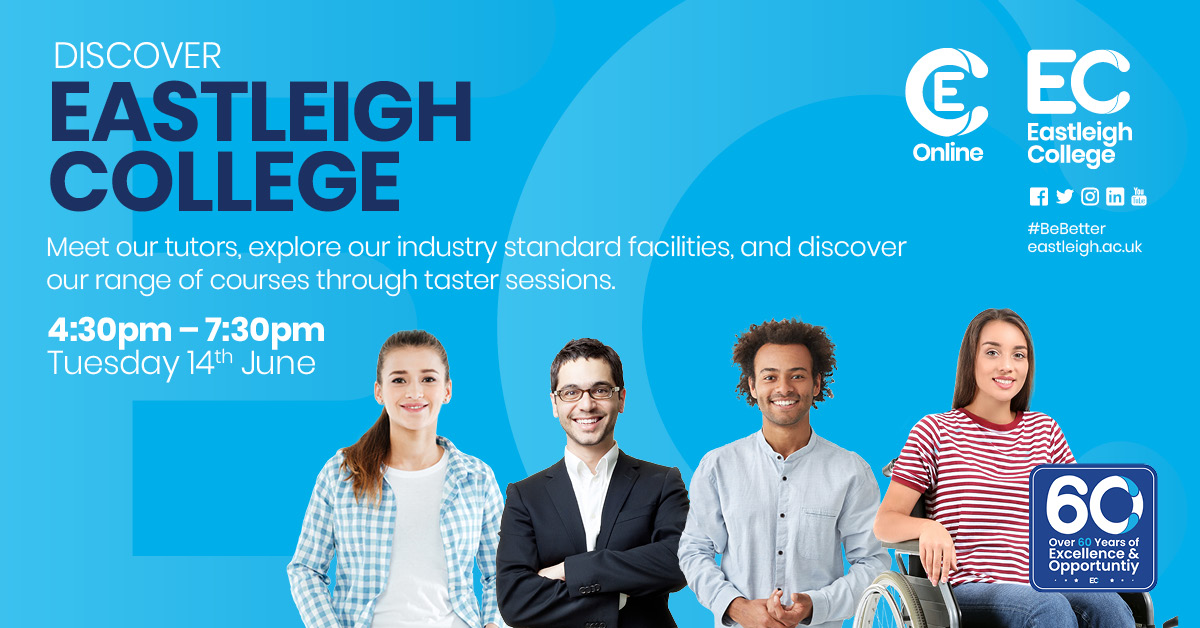 Eastleigh_Col's tweet photo. Join us on Tuesday 14th June and discover Eastleigh College. 
Find out what it is like to be a learner at Eastleigh College and how you can leave us ready to enter the workplace, become an apprentice or progress onto higher education. 

Register here https://t.co/AJQ9r5GtoI. https://t.co/TEDOtcD3y3