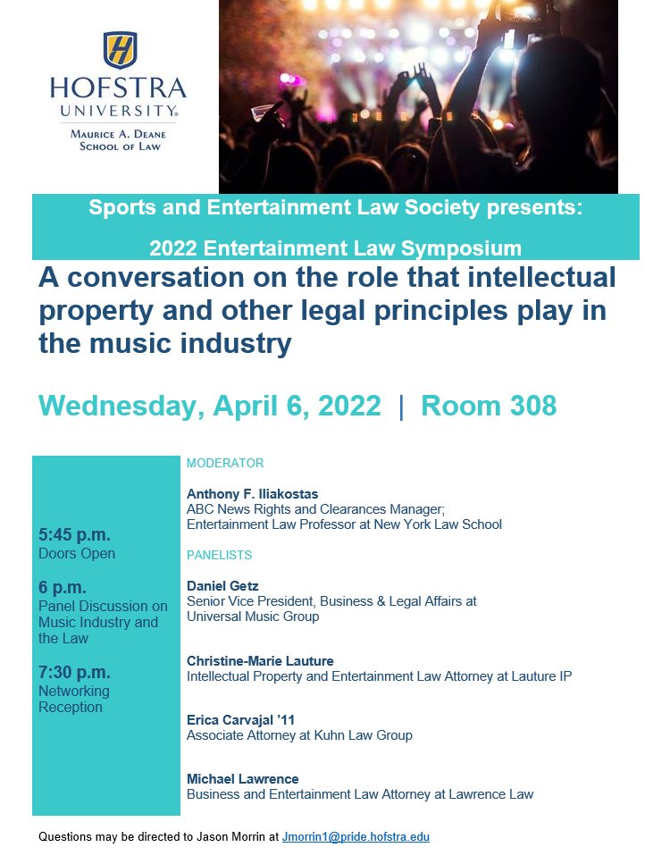 Our Music Law Symposium this Wednesday night is open to anyone to attend! 

We have incredible speakers and a networking reception with food. Arrive by 5:45 PM and go to room 308 on the third floor. Proof of vaccination required. See you soon!