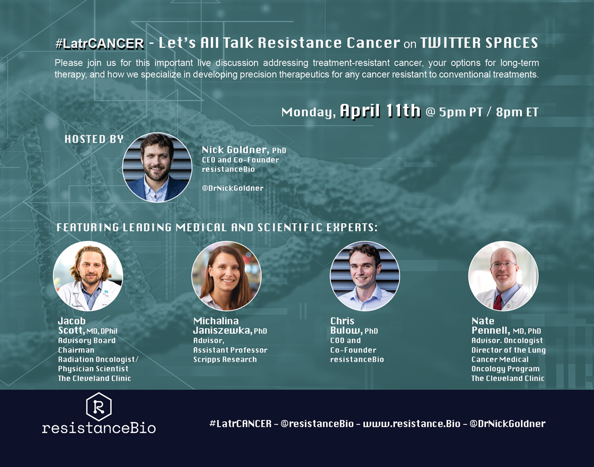 Join us for an exciting discussion about understanding, overcoming, and preventing resistance to cancer therapies! Incredibly cool work being done by the folks at @resistanceBio! 