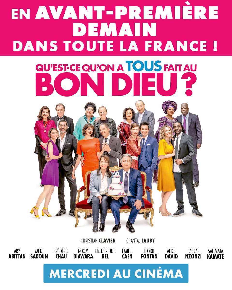 Vous n'en pouvez plus d'attendre ?
De nombreuses avant-premières auront lieu demain dans toute la France !
Donc n'attendez-plus pour découvrir #QuEstCeQuOnATousFaitAuBonDieu?
Pour réserver vos places c'est par ici --> bondieu3-lefilm.com
#BonDieu3