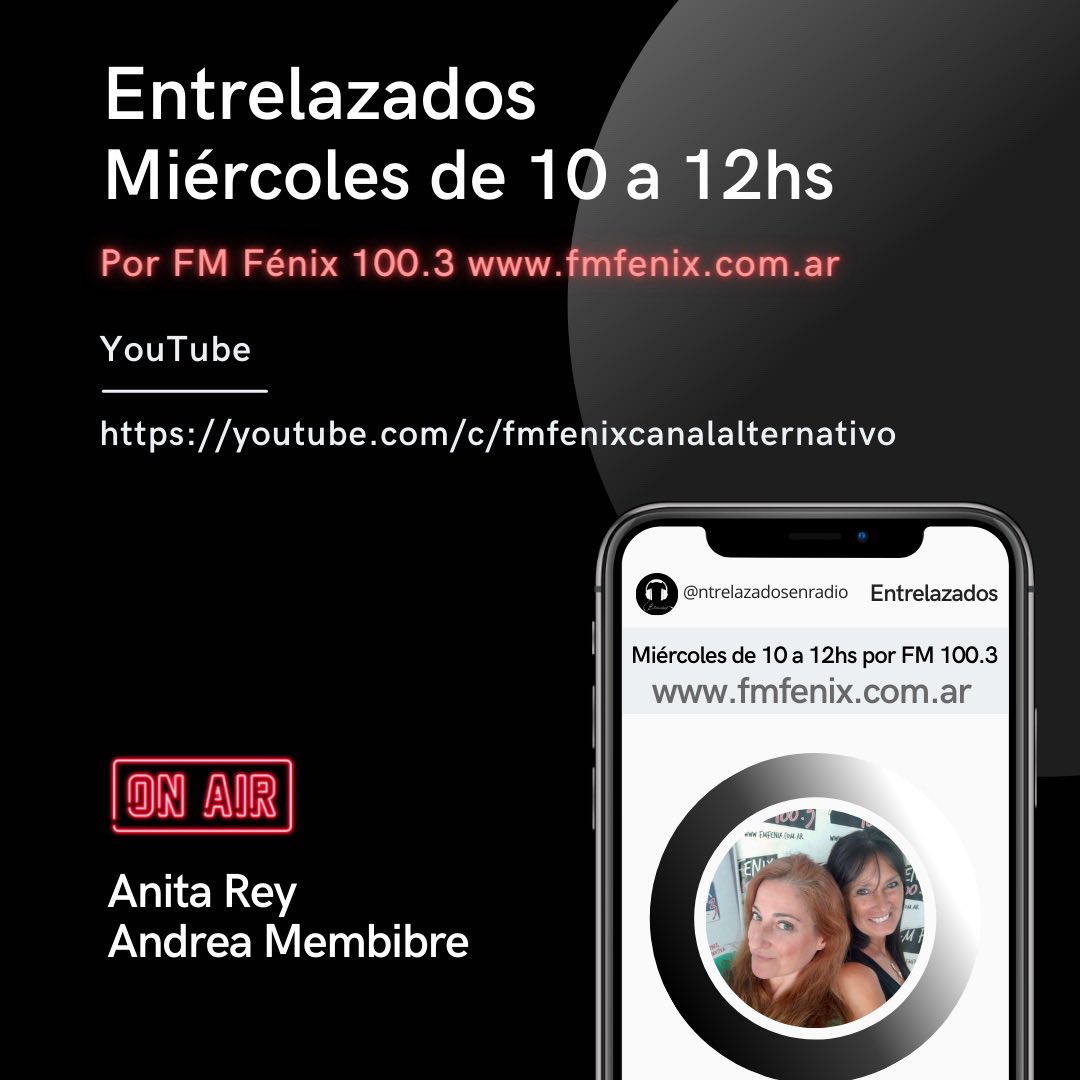 📻 Por FM 100.3 <a href="/FmFenix_radio/">Fm Fenix 100.3</a> 
🎧<a href="/anilocutora/">Anita Rey</a> y <a href="/AndyMemb/">Andrea 🇦🇷💙🤍💙</a> 🎙
Todos los miércoles de 10 a 12hs. Podes escucharnos y vernos por las diferentes redes 

🌎 fmfenix.com.ar
🎥 youtube.com/c/fmfenixcanal…
📻 FM 100.3
📲 @entrelazadosenradio (IG-FB)
📱 11 3085 0950 (Whatsapp)