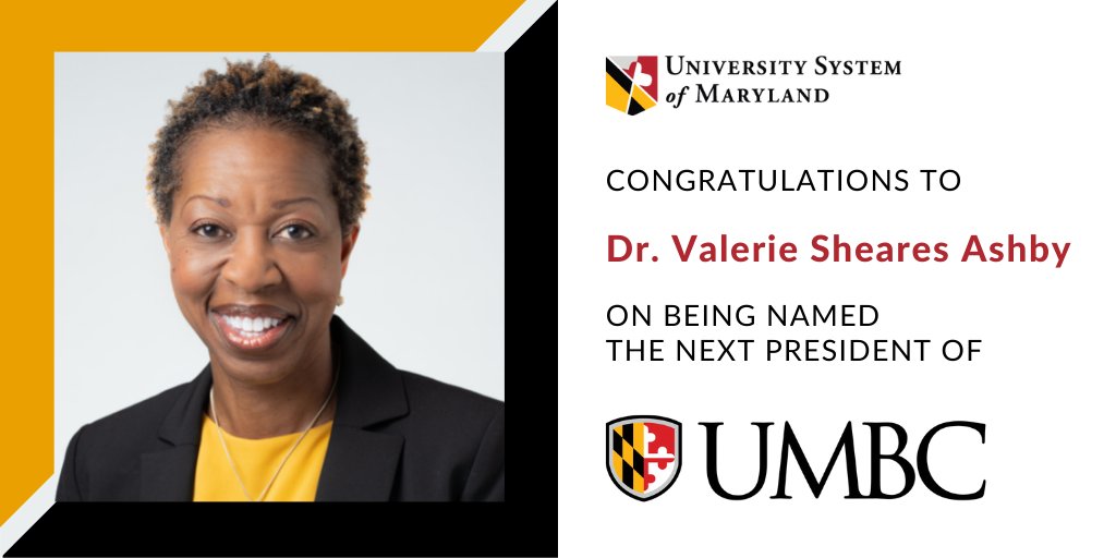 University System of Maryland (@univ_system_md) on Twitter photo The USM is proud to announce that the Board of Regents has named Dr. Valerie Sheares Ashby as the next president of <a href="/UMBC/">UMBC</a>! She is currently the dean of <a href="/DukeTrinity/">Trinity College at Duke</a> at <a href="/DukeU/">Duke University</a> & will begin her presidency at #UMBC on August 1. Welcome Dr. Ashby!
usmd.edu/newsroom/news/… The USM is proud to announce that the Board of Regents has named Dr. Valerie Sheares Ashby as the next president of <a href="/UMBC/">UMBC</a>! She is currently the dean of <a href="/DukeTrinity/">Trinity College at Duke</a> at <a href="/DukeU/">Duke University</a> & will begin her presidency at #UMBC on August 1. Welcome Dr. Ashby!
usmd.edu/newsroom/news/…